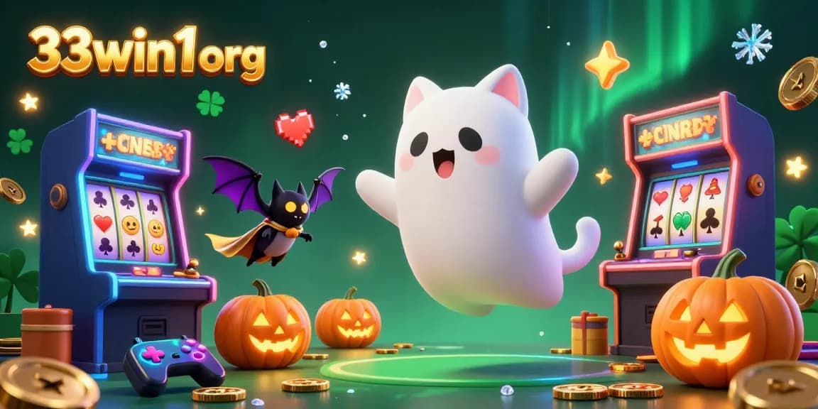 Win at 33win1 org with a vibrant ghost cat and bat in a casino fantasy setting.