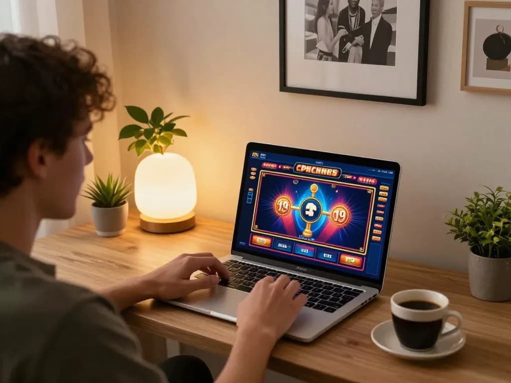 Pemain menikmati link gacor melalui laptop di pengaturan permainan rumah yang nyaman.