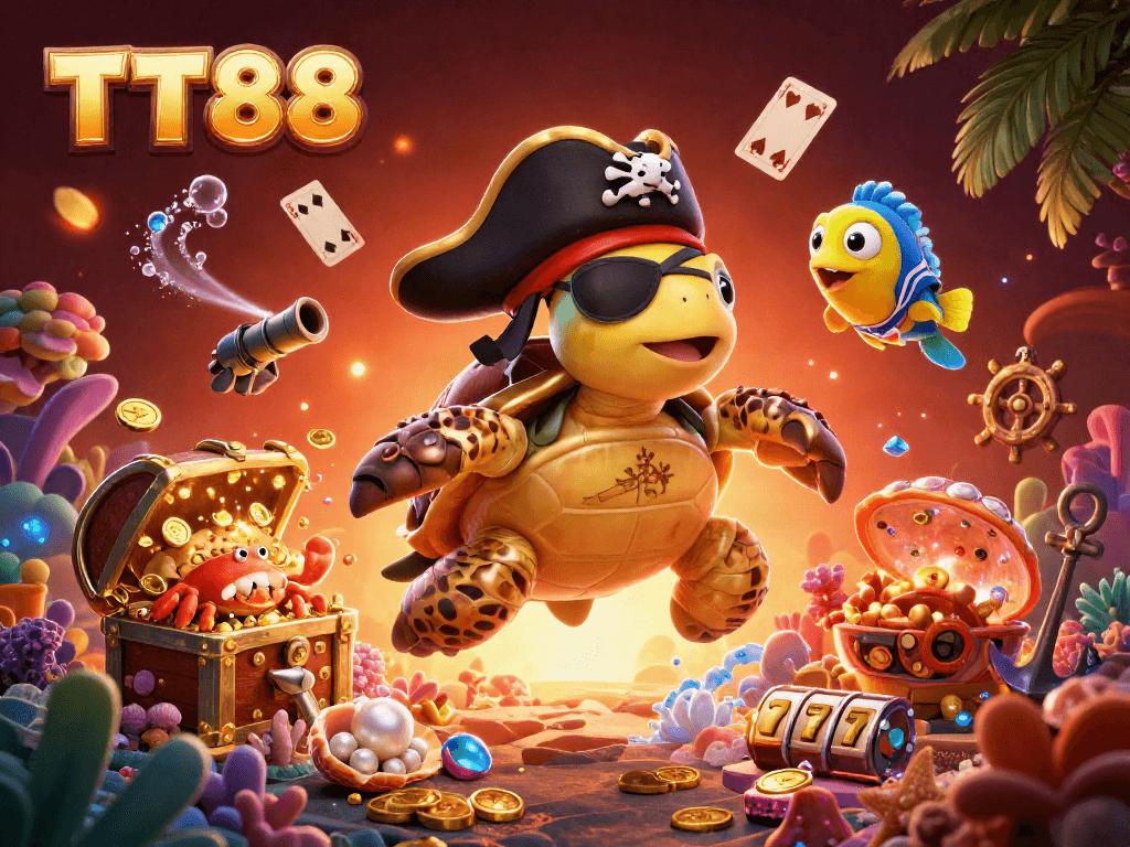 Engage in thrilling slots at TT88 with lively underwater casino scene and animated treasures.