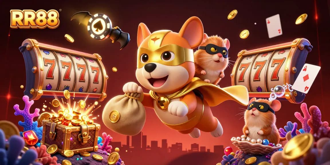 RR88 showcases a thrilling casino adventure with a superhero dog and hamster amidst colorful slot reels and vibrant elements.