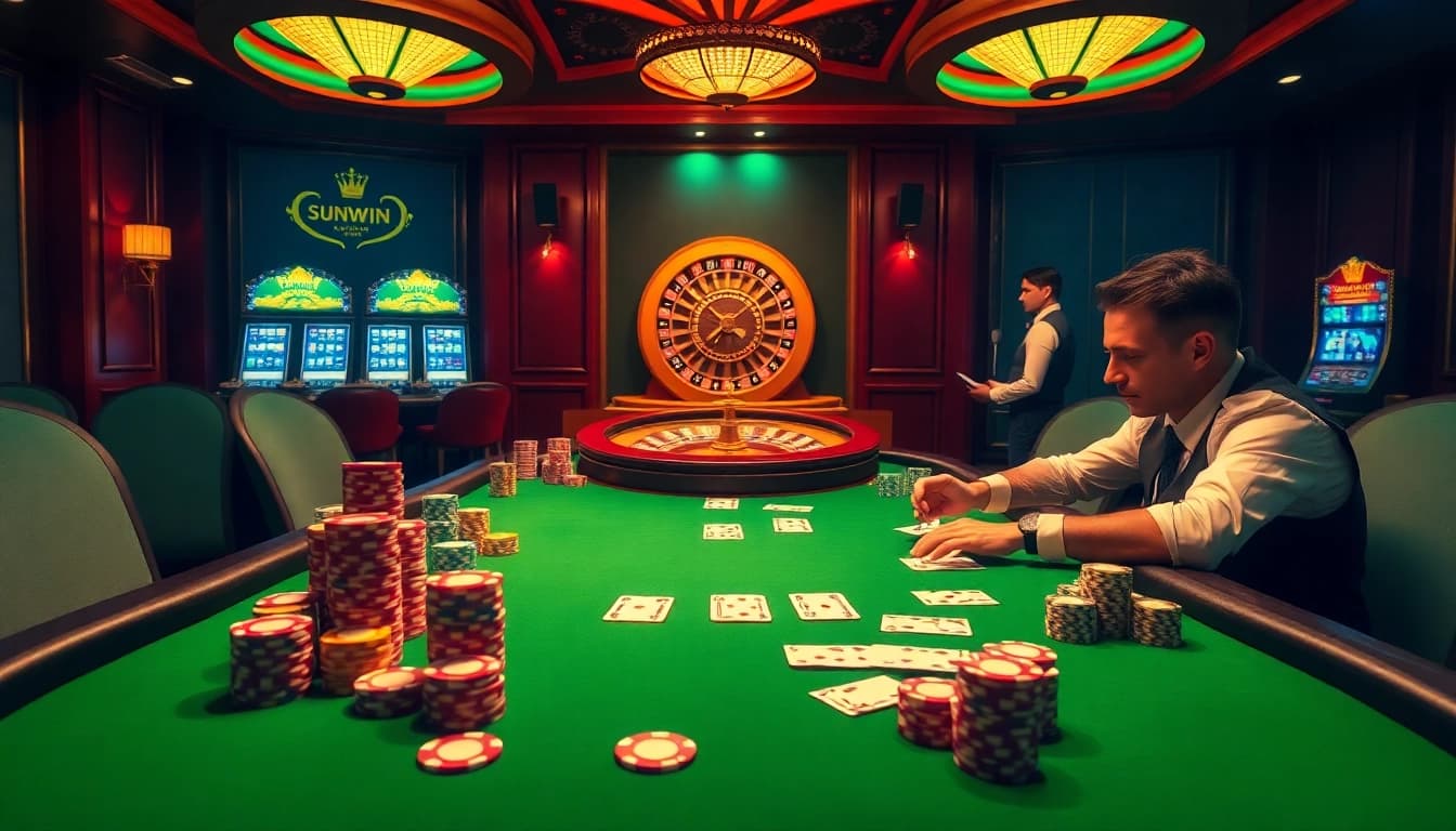 Players enjoy a thrilling poker game at sunwin, showcasing stacks of colorful chips and cards.