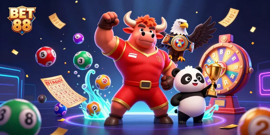 Experience the thrill of BET 88 with vibrant lottery balls and engaging characters celebrating winnings.