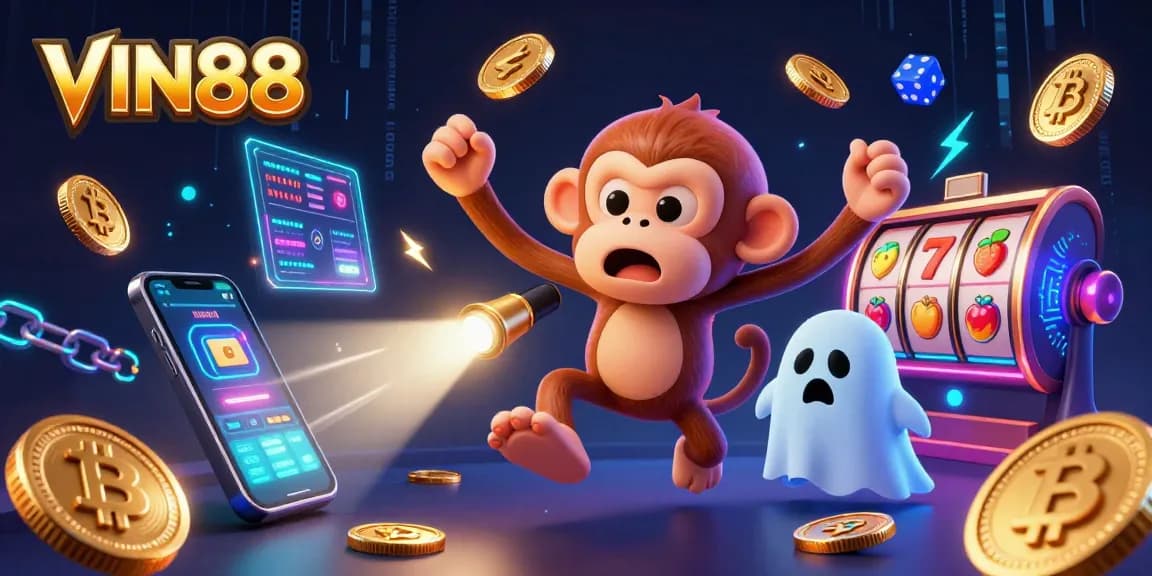 Engage with the thrilling world of casino gaming at VIN88 featuring a playful poltergeist monkey juggling coins in a haunted setting.