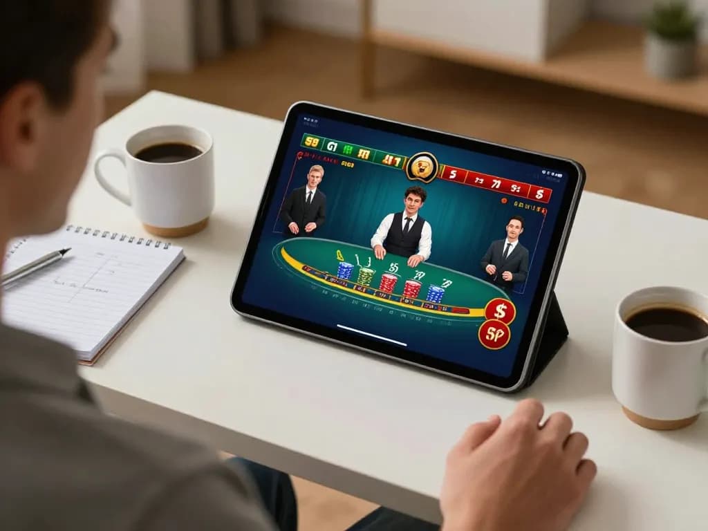 Engaging in online blackjack at hit club with tablet, showcasing modern gaming setup.