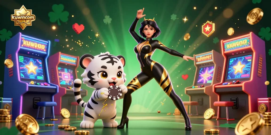 Kuwincom showcases an exciting 3D casino scene with an acrobatic woman and a playful baby tiger, enhancing the gaming experience.