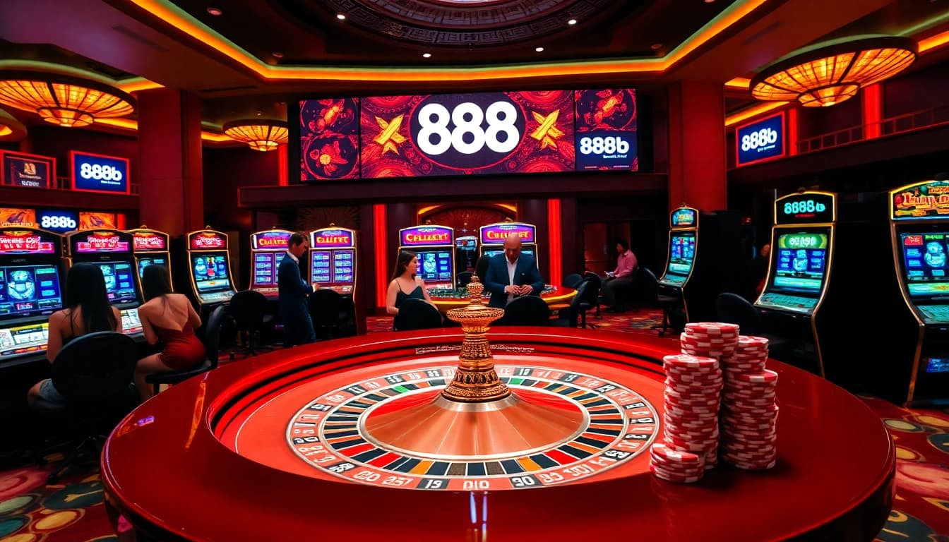 Exciting scene of gamblers at the nhà cái 888b casino with roulette and slot machines.