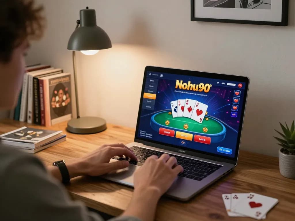 Nohu90 user engaged in online casino gameplay, showcasing vibrant interface and cozy home environment