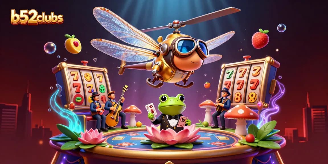 b52clubss showcases thrilling casino action with a dragonfly pilot, frog dealer, and jazz musicians.