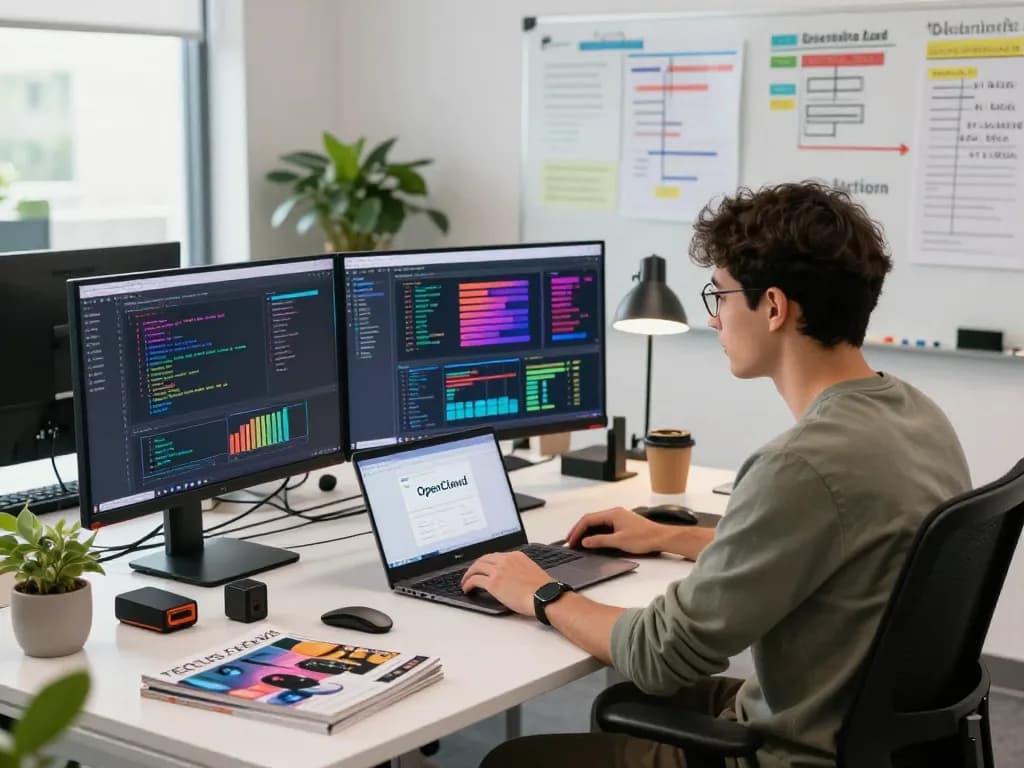 Dynamic software development workspace with OpenClawd setup on screens.