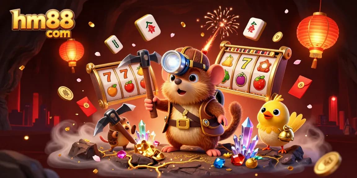 Spin and win at hm88 com with vibrant slot reels and a treasure-hunting mole in a dazzling underground scene.