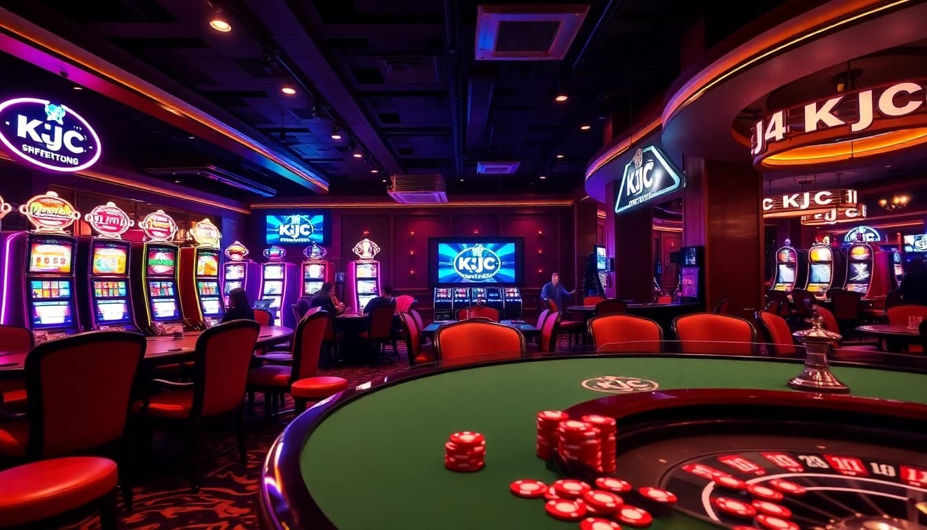KJC casino scene featuring slot machines, poker tables, and roulette wheels in a luxurious atmosphere.