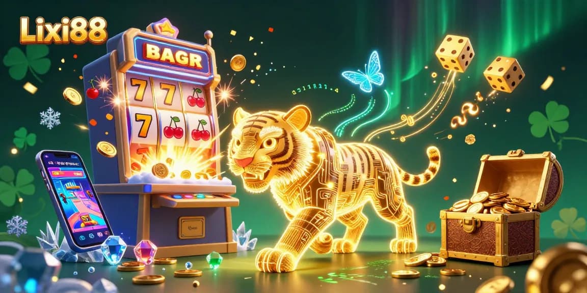 Lixi88 players embark on a vibrant digital casino adventure filled with jackpots, illuminated by a golden tiger and mystical butterflies.