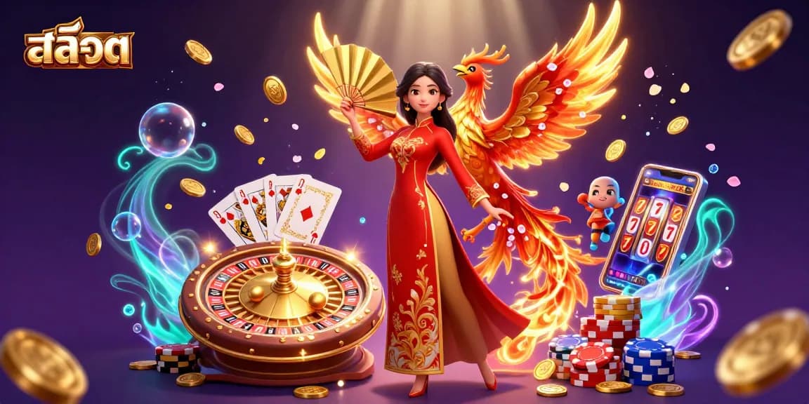 Experience the thrill of สล็อต with a captivating 3D illustration of dynamic casino elements and elegant characters.