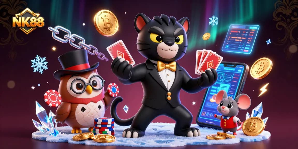 NK88 showcases a stylish black panther dealing cards with crypto coins surrounding an animated casino scene.