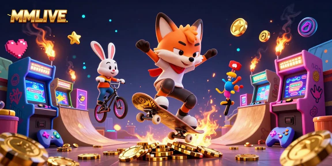 MMLIVE showcases a vibrant 3D scene of gaming characters amidst dynamic casino elements, igniting excitement.