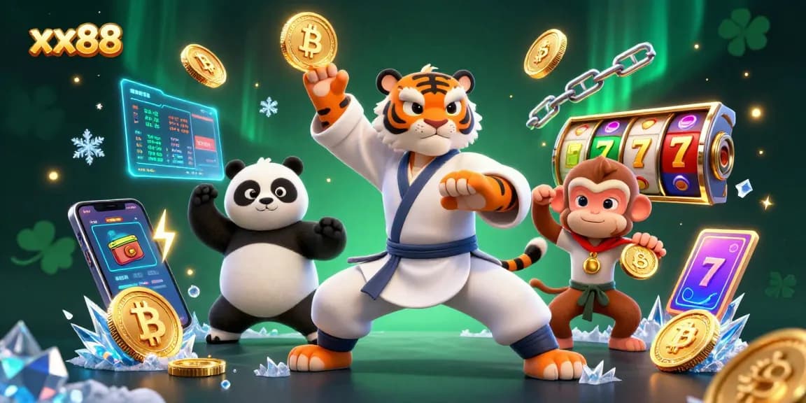 Experience thrilling slots at xx88 with kung fu characters and vibrant casino elements.