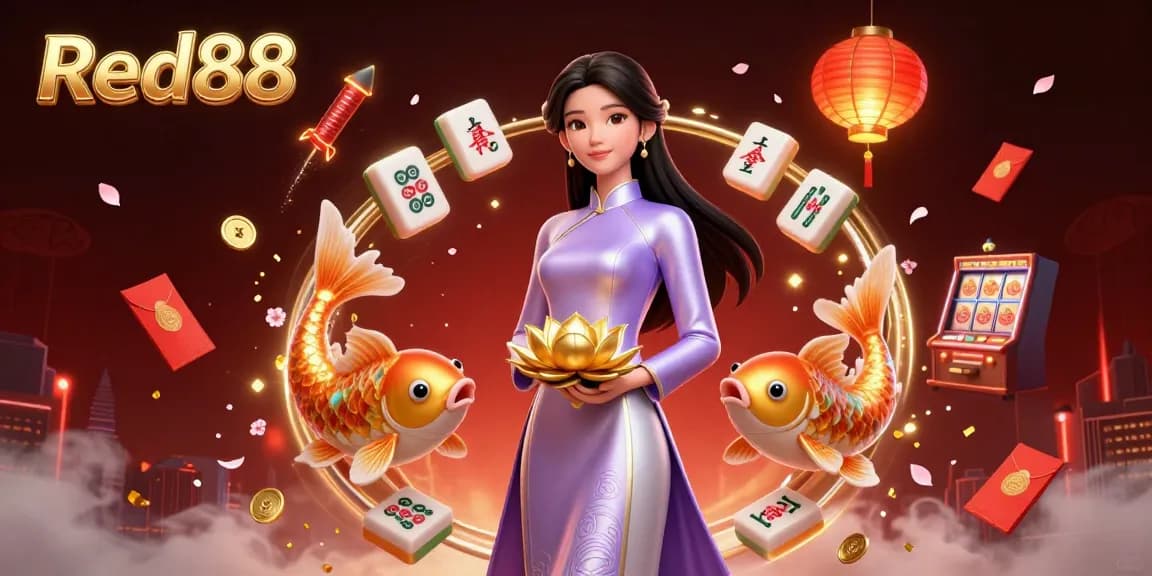 Win big at Red88 with vibrant 3D casino graphics showcasing Asian elegance and thrilling game elements.