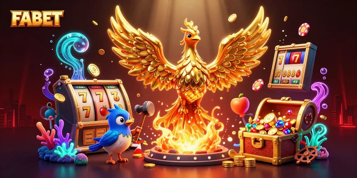 FABET showcases a vibrant casino scene with spinning slots and golden phoenix, rich in detail.