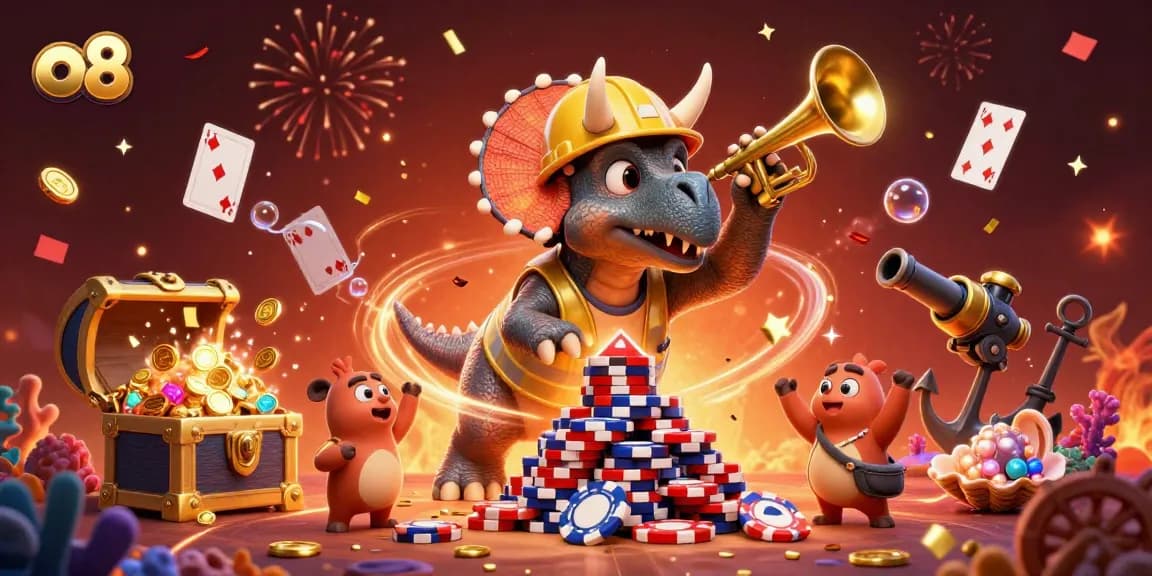 Celebrate big wins with O8's casino excitement in this vibrant 3D illustration.