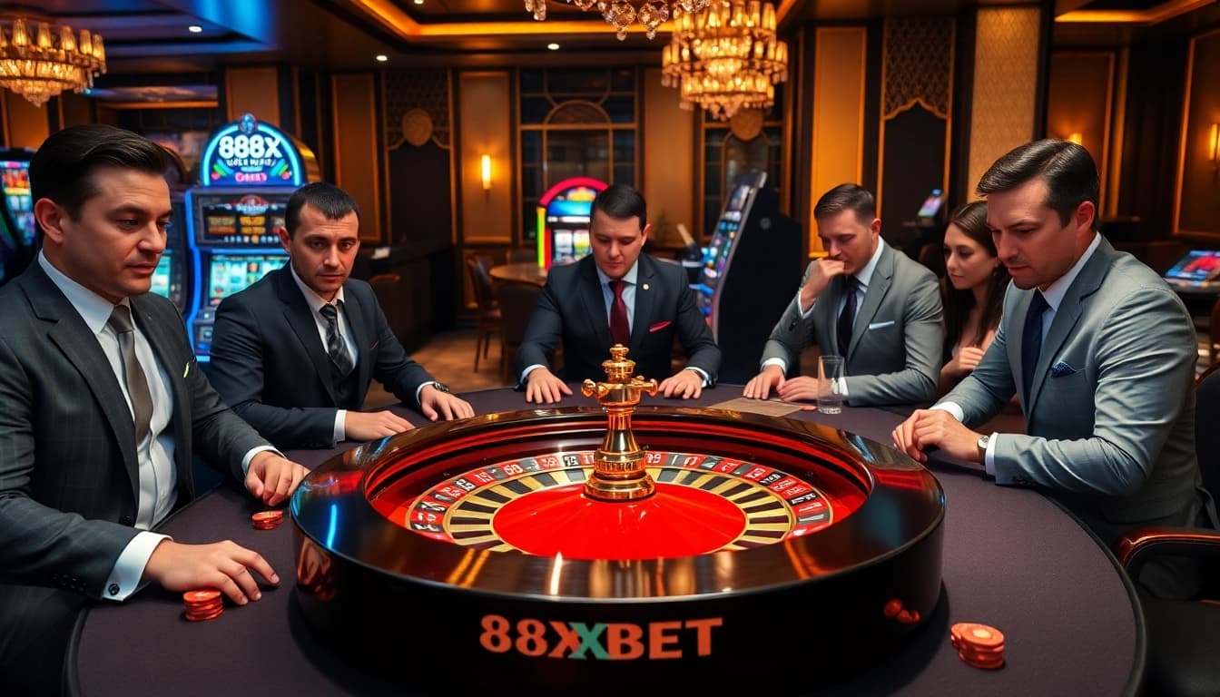 Experience the excitement of 88XX BET at a vibrant roulette table filled with strategic players.