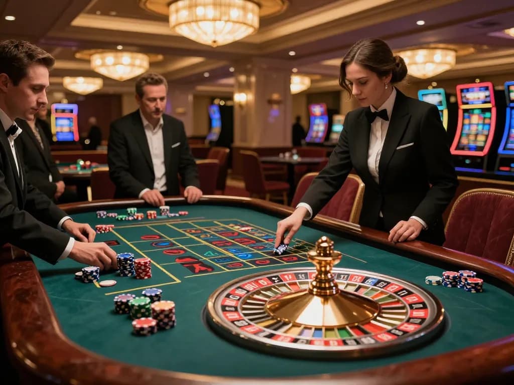 MM88 players eagerly placing bets at a roulette table in a luxurious casino setting.