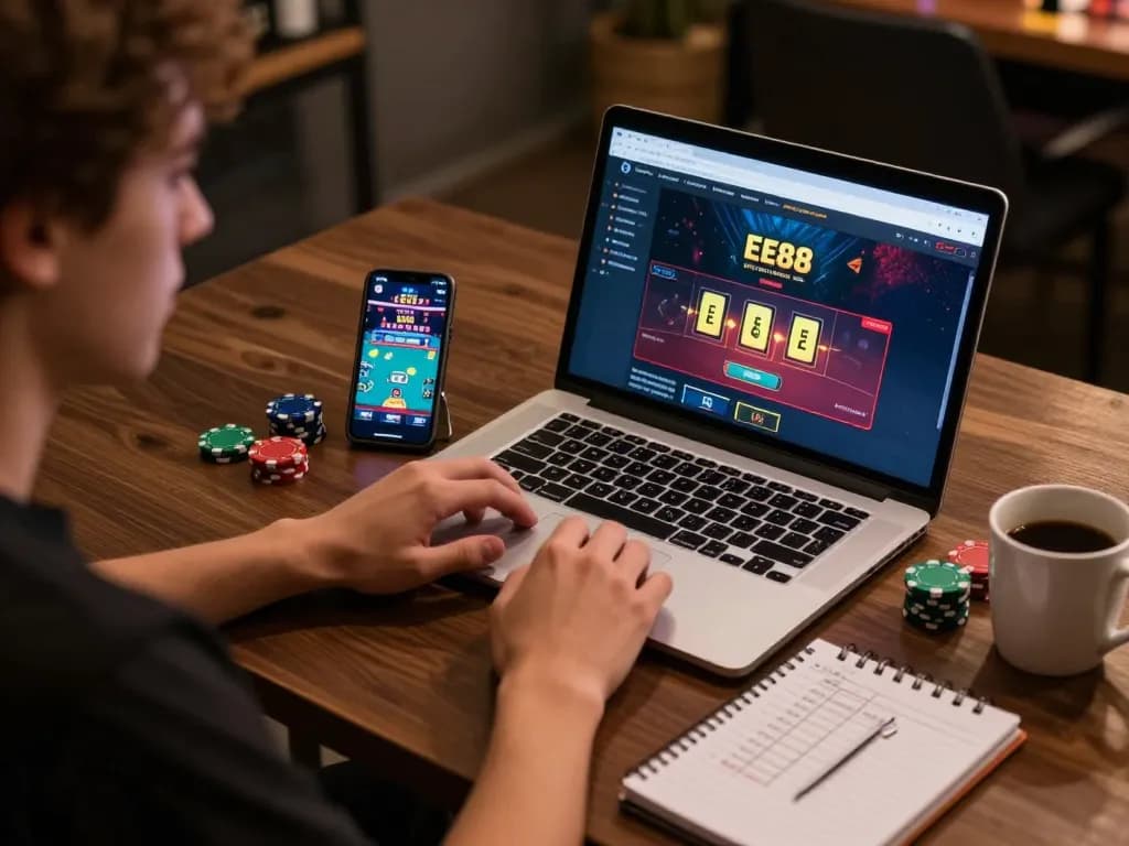 Engaging user at https://ee888.sa.com/ playing online casino games on laptop with betting notes.
