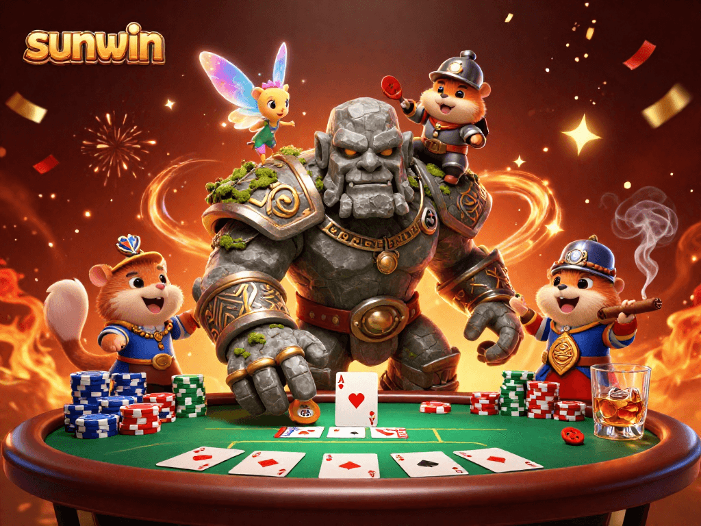 Experience the thrill of sunwin poker with characters amid vibrant casino elements.