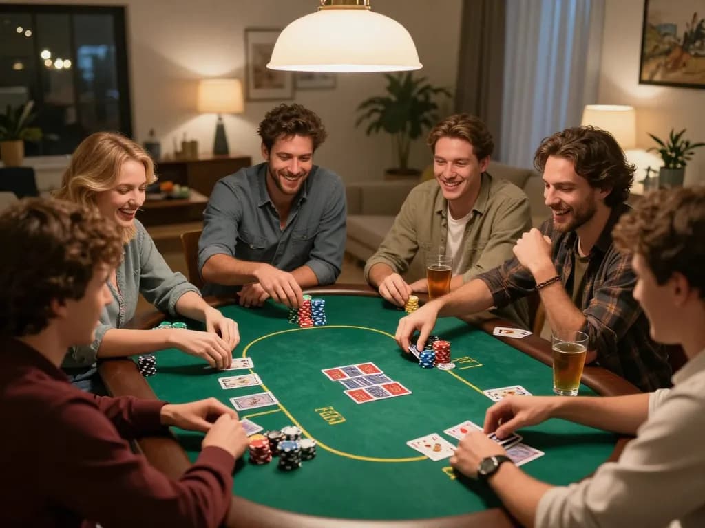 Players enjoying a lively poker game at home, showcasing strategic gameplay with hz88 casino involvement.