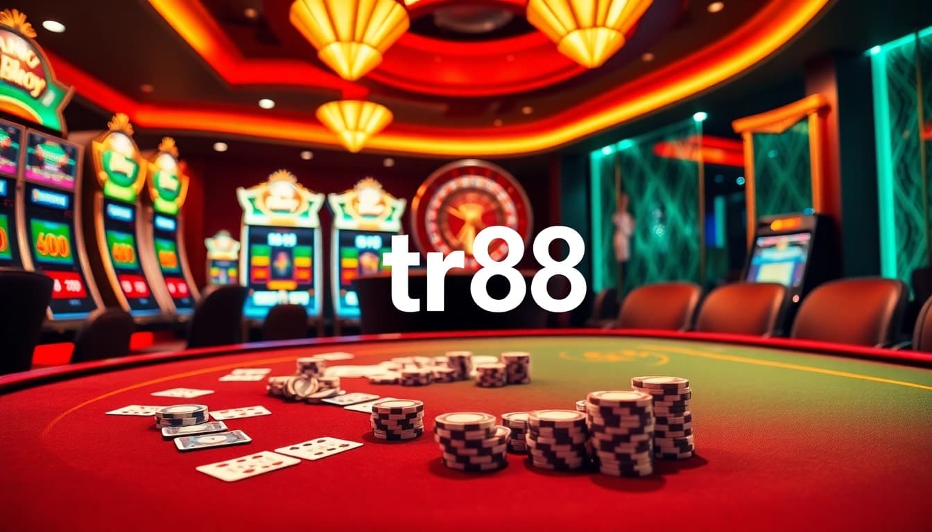 Experience exhilarating gaming with tr88 at a luxury casino table adorned with vibrant slots and roulette.