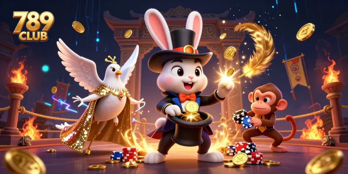 Experience magic and thrill at 789 CLUB with dynamic casino 3D illustration of fun characters.