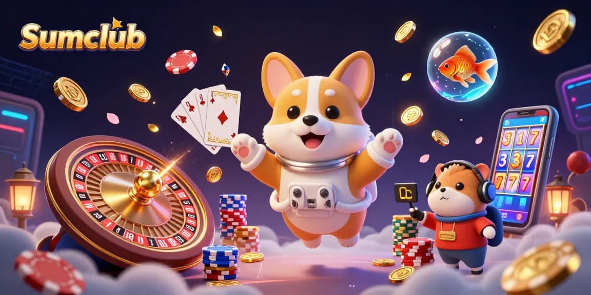 Experience fun in Sumclub's vibrant casino with an astronaut corgi and floating treasures.
