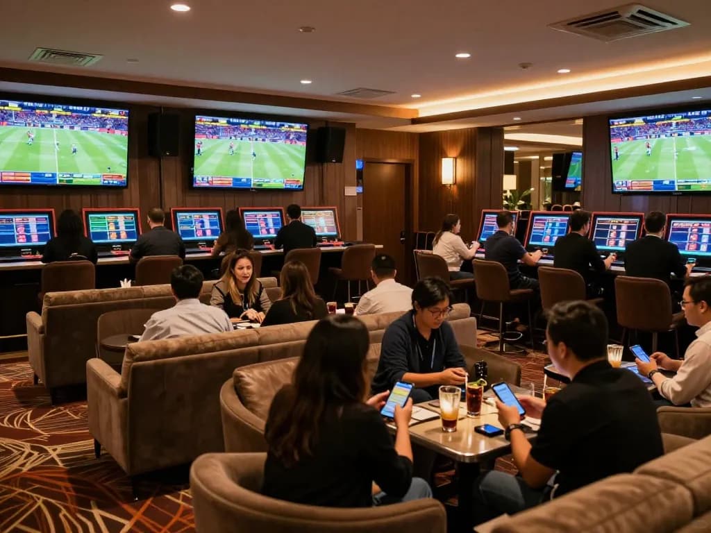 Betting excitement at trang chủ rr88 with vibrant sports screens and engaged bettors discussing strategies