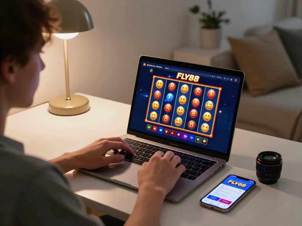 Player enjoying dynamic FLY88 online slots action on a laptop, surrounded by cozy home decor.