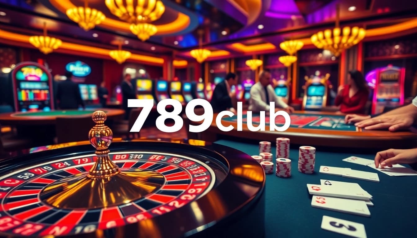 Experience thrilling gaming action at 789club with a vibrant casino atmosphere featuring roulette and poker tables.