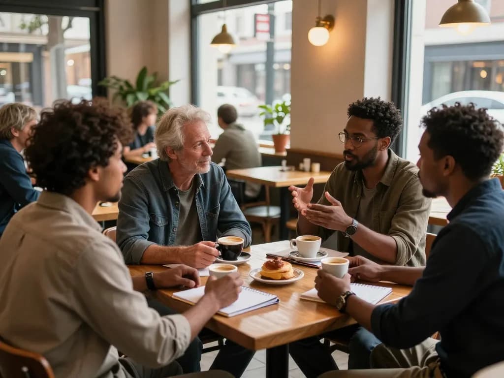 Men engaging in heartfelt conversations in a café, showcasing the supportive community essence of manclub.