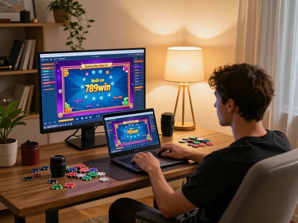 Engaging online gaming session with nhà cái 789win displayed on laptop, highlighting responsible gambling