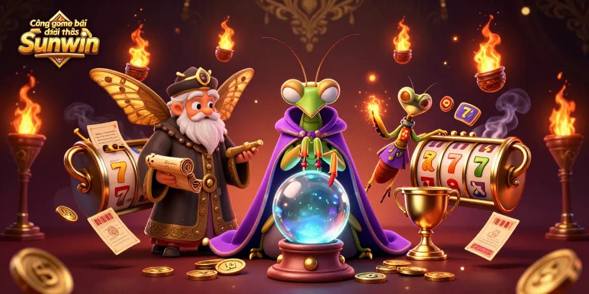 Cổng game bài đổi thưởng Sunwin offers vibrant casino gaming with a mystical atmosphere, featuring fortune teller and old librarian.