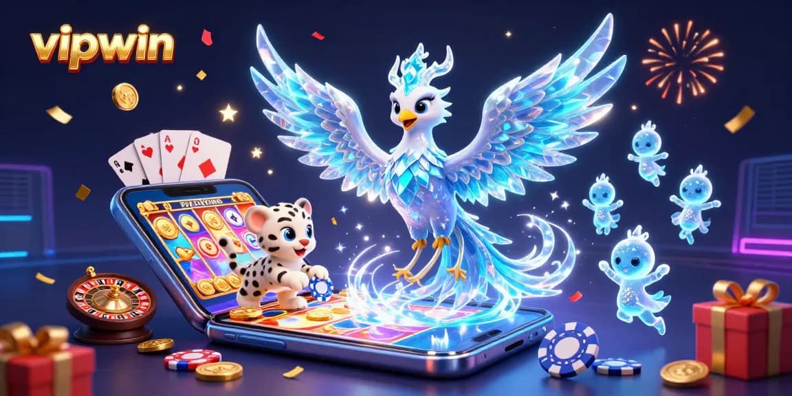 Engage with vipwin, showcasing an ice phoenix and cub among sparkling slot games and festive confetti.