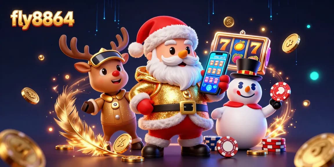 Engage with fly8864's vibrant casino scene showcasing Santa and friends amidst jackpot reels and gold tokens.