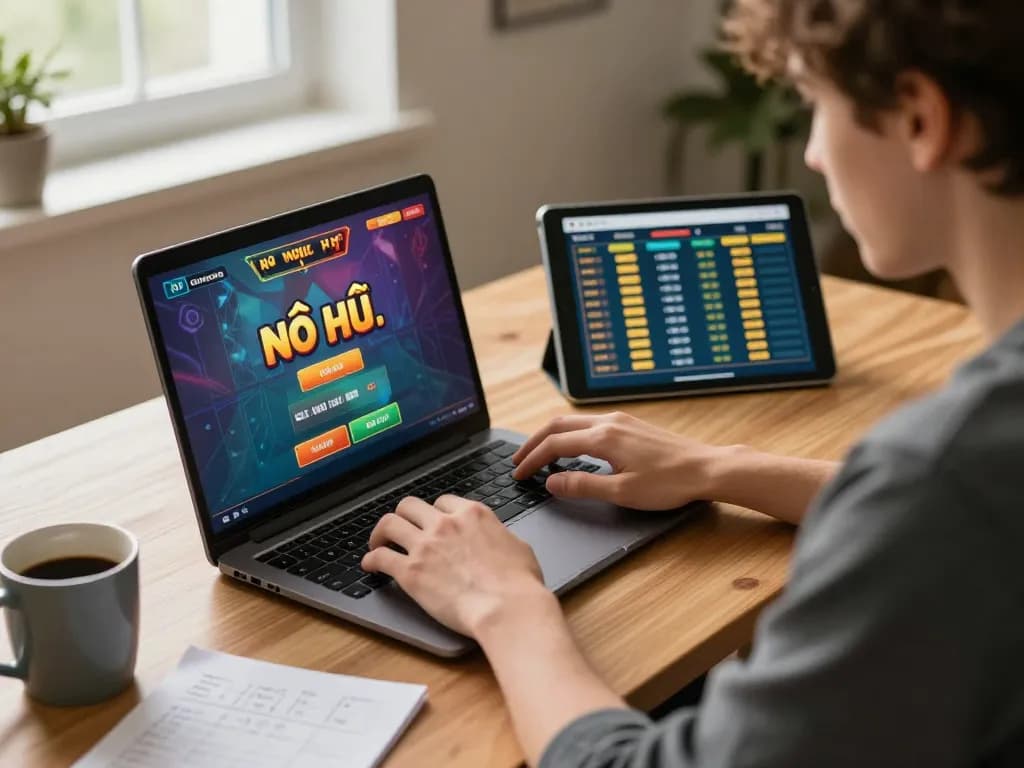 Nổ hũ gameplay on a laptop showcasing strategic betting and immersive gaming.