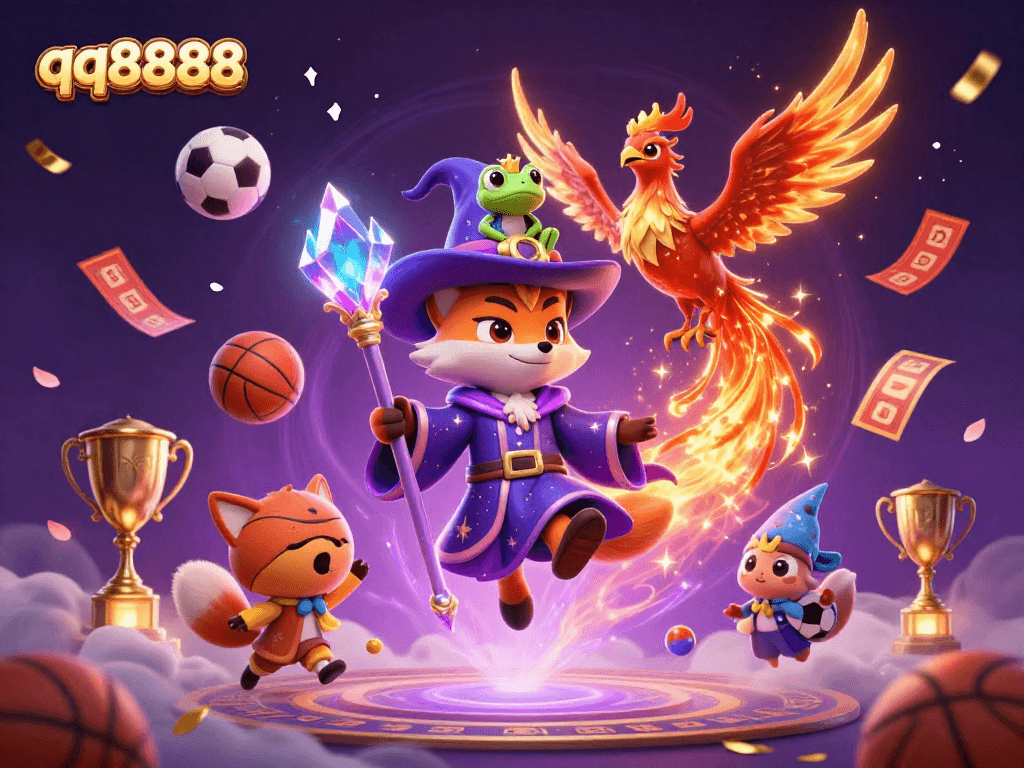 Engage with the thrilling world of sports betting on qq8888 featuring a magical scene of a wizard fox and phoenix amidst vibrant sports elements.