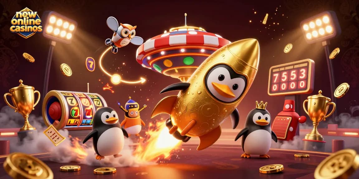 Experience new online casinos with an exciting scene featuring a golden penguin and vibrant gaming elements