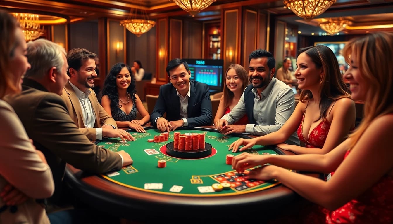 Experience the excitement of online gambling with OK 8386 at a vibrant poker table filled with colorful chips.