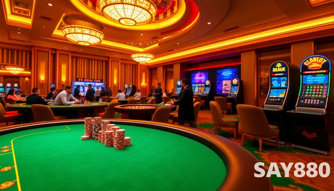 SAY88 casino interior featuring an exciting poker table, roulette wheel, and vibrant slot machine.