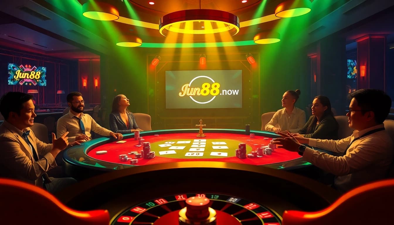 Experience the excitement of casino games at Jun88.now featuring poker tables and chips.