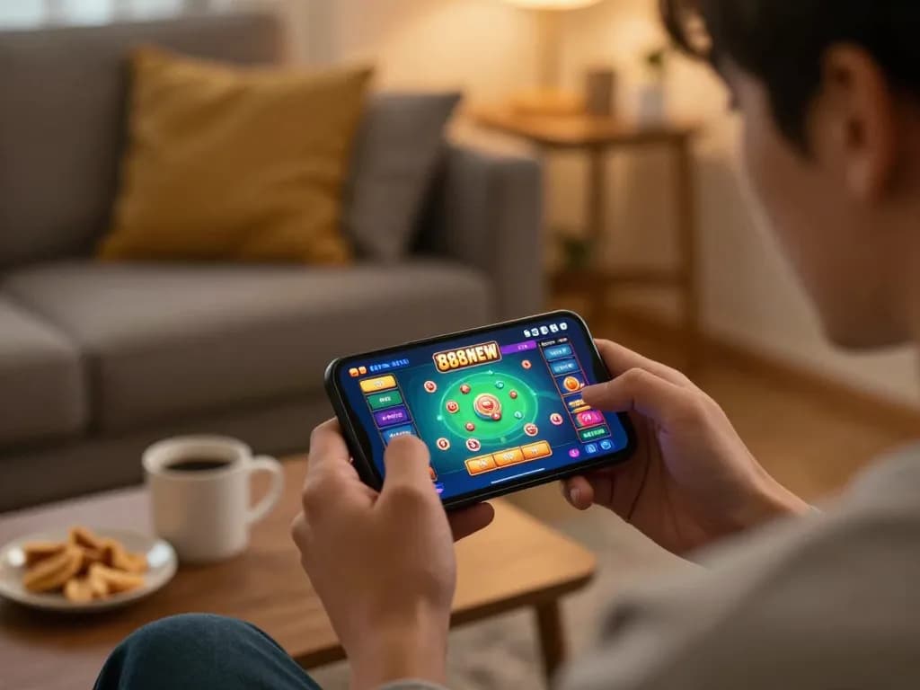Player enjoying online gaming on the 888NEW app in a cozy home setting, showcasing strategic play and engagement.