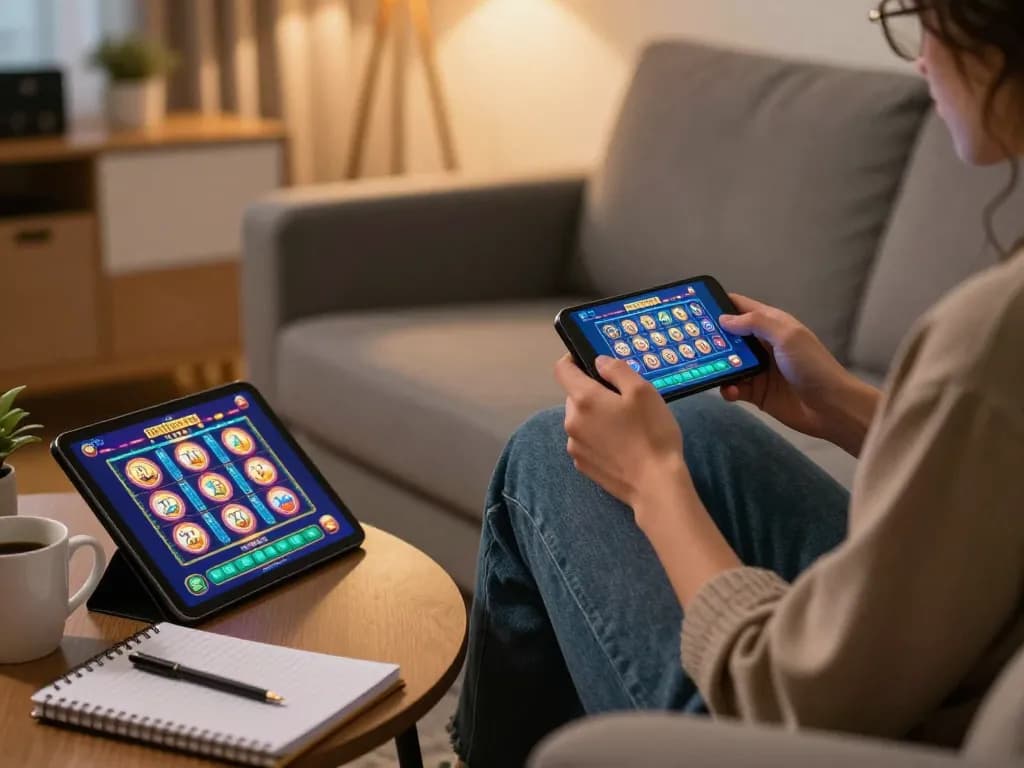 Player enjoying new pk luck mobile casino game on smartphone in a cozy home setting