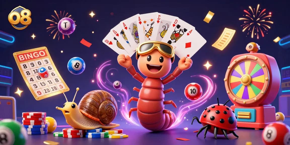 Experience the excitement at o8 with a vibrant casino scene featuring a millipede dealer and thrilling gaming elements.