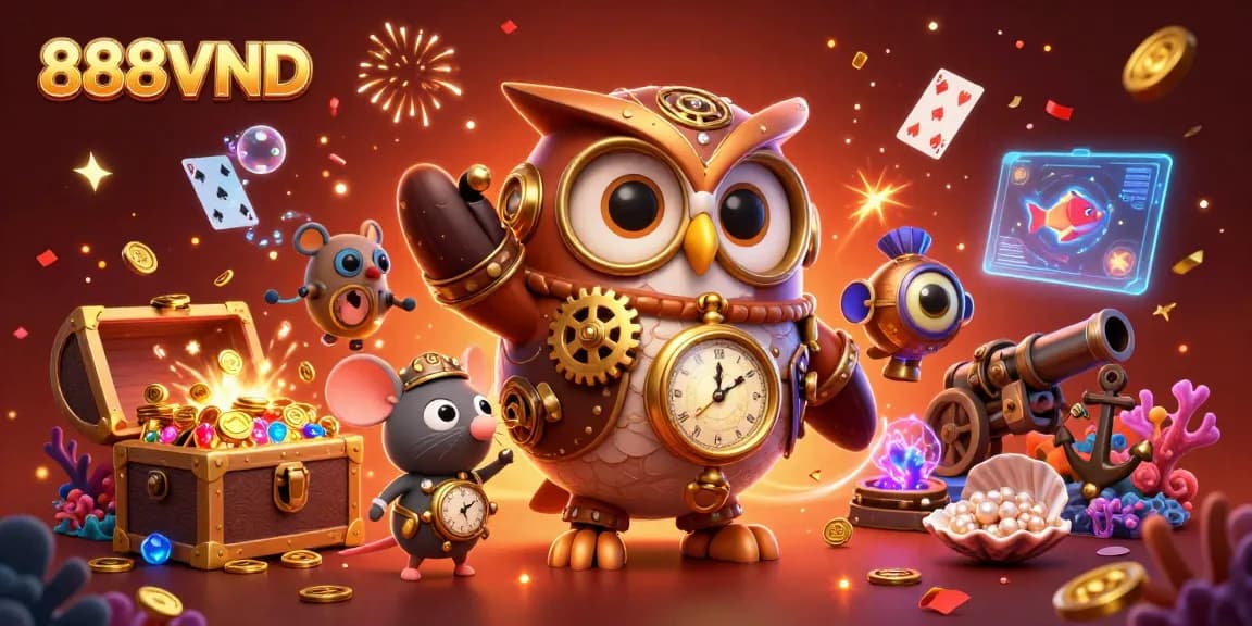 Experience the excitement of 888VND with a whimsical 3D casino illustration featuring steampunk characters and vibrant game elements.