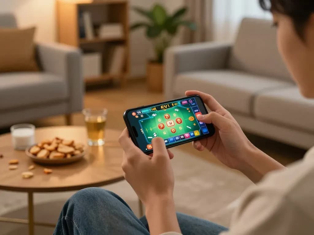 Engaging in tài xỉu online gameplay on a smartphone in a cozy home setting.